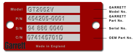 Garrett Turbocharger Identification Tag
